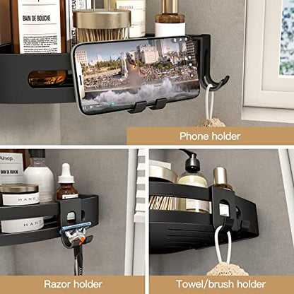 Corner Shower Caddy with Razor Holder Adhesive Shower Shelf Corner No Drilling Bathroom Corner Shower Organizer Storage Rack (2-Pack, Black)