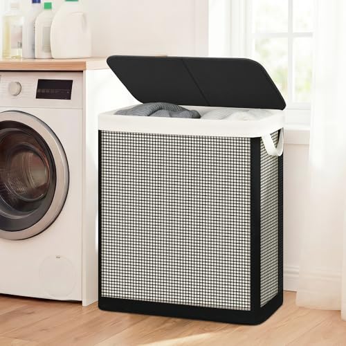 Double Laundry Hamper with Lid, 140L Large 2 Section Laundry Sorter, Laundry Basket with Removable Washable Canvas Liner Bag, Breathable Clothes Hamper for Bedroom Bathroom Laundry Room Closet