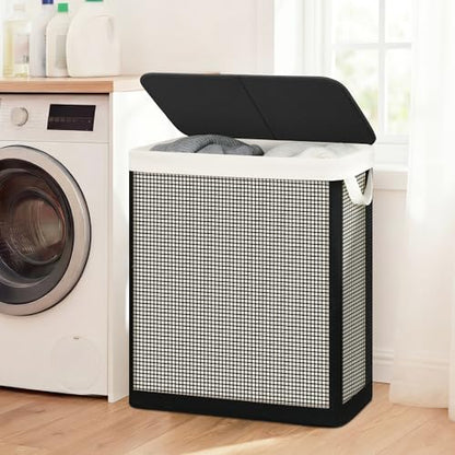 Double Laundry Hamper with Lid, 140L Large 2 Section Laundry Sorter, Laundry Basket with Removable Washable Canvas Liner Bag, Breathable Clothes Hamper for Bedroom Bathroom Laundry Room Closet