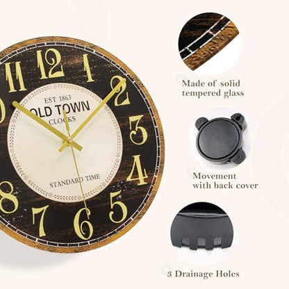 Waterproof Outdoor Wall Clock 12in Silent Patio Pool Black Gold Decor | WISKALON Glass Retro Vintage Battery Operated Non-Ticking Quartz Analog For Room Office