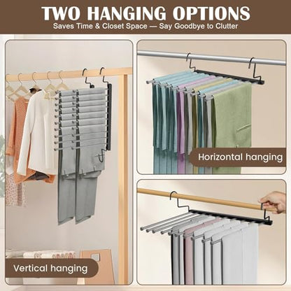 Pants Hangers Space Saving for Closet: 10 Layer Metal Jean Hanger | Collapsible Non Slip Trouser Hangers - Magic Rotational Pant Rack for Display and Storage - College Dorm Essentials