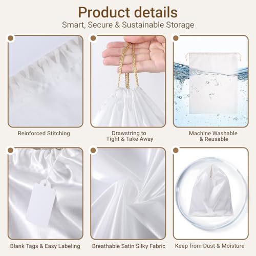Ewen 11.8x15.7in Dust Bags for Shoes, 7 Pack of Dustproof Silky Bags with Drawstring for Sneakers Storage, White Satin Purse Storage Bags, Pouches Covers for Travel, Dust Cover Bag for Luxury Wallet