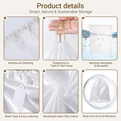 Ewen 11.8x15.7in Dust Bags for Shoes, 7 Pack of Dustproof Silky Bags with Drawstring for Sneakers Storage, White Satin Purse Storage Bags, Pouches Covers for Travel, Dust Cover Bag for Luxury Wallet