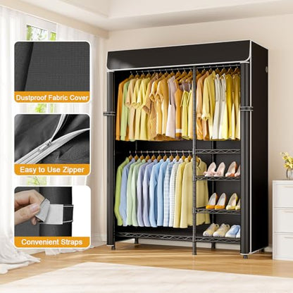 F2C Clothes Rack with Cover, Black Clothing Racks Heavy Duty | Garment Rack with Shelves for Hanging Clothes, Metal Portable Closet System, 47.2"W x 16.5"D x 78.3"H, Load 630lbs