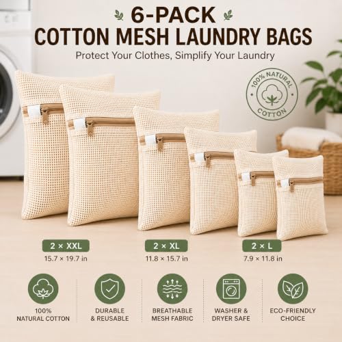 6-Pack Laundry Bags, Durable Cotton Mesh with Sturdy Zipper, Breathable Mesh Fabric, Ideal for Washing Underwear, Pants, Shoes, Socks and Delicate Garments