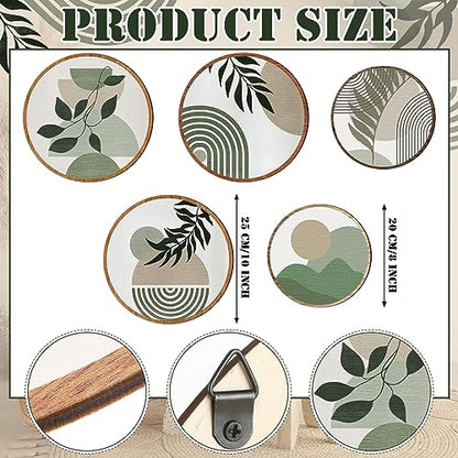 Qunclay 5 Pcs Wall Art Decor Wooden Living Room Wall Decor Bohemian Hanging Farmhouse Geometric 10'' and 8'' Aesthetic Wood Minimalist Posters for Bedroom(Greenery)