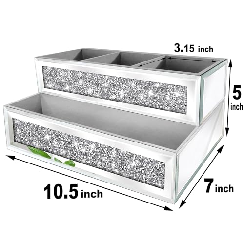 Mirror Hair Dryer Holder Upgrade Crystal Crush Diamond Hair Tool Organizer Wall Mount. Silver Bathroom Cabinet Tray for Blow Dryers, Hairdryer Straightener, Makeup,Brushes .(10.5”x7”x5”)