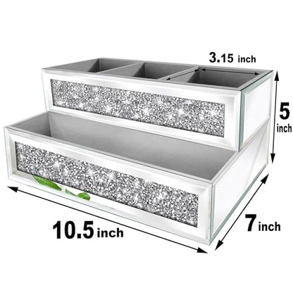 Mirror Hair Dryer Holder Upgrade Crystal Crush Diamond Hair Tool Organizer Wall Mount. Silver Bathroom Cabinet Tray for Blow Dryers, Hairdryer Straightener, Makeup,Brushes .(10.5”x7”x5”)