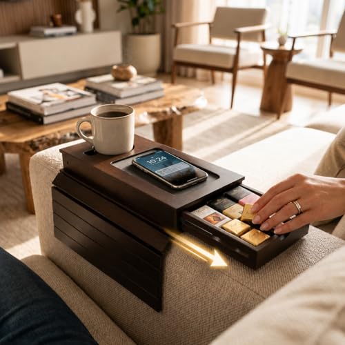 Sofa Armrest Tray with Drawer & Cup Holder — Wooden Couch Arm Tray with Anti-Slip Surface | Fits Most Sofa & Couch Arms (Dark Brown)