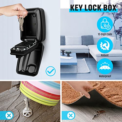 Key Lock Box for Outside, Sturdy Waterproof Wall Mount Lock Box for House Key, 12-Digit Combination Resettable Large Capacity Security Lockbox for Home, Garage, Office, Warehouse