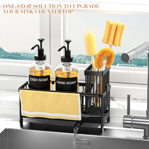 Kitchen Soap Dispenser Set with Sponge Holder and Towel Rack, 17OZ Glass Bottle, Hand and Dish Soap Dispenser Set, Non-Slip Silicone Pad, Brush Holder, Sink Organizer Countertop (Transparent)