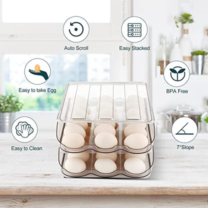 MesRosa Egg Holder for Fridge, Automatic Rolling Container Storage 36 Eggs | Clear Large Capacity Egg Organizer for Refrigerator with Lid, Stackable Dispenser, Tray & Bin, Saving Space -2 Layer