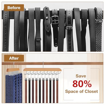 Tie Rack Hanger for Closet, 2 in 1 Belt Tie Hangers with 20 Folding Hooks, 360 Degree Rotating Wooden Tie Holder Organizer for Men Ties Belts Scarves Tank Tops Accessories, Wood (2 Pack)