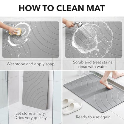 32x20 Large Stone Bath Mat for Floor, Diatomaceous Earth Shower Mat,Non-Slip Quick Drying, Super Absorbent Diatomite Stone Bath Mat – Elegant Modern Design, Grey (CloudGrey)