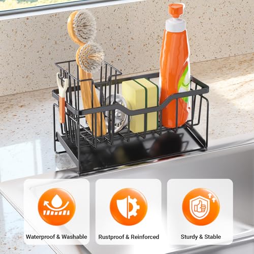 Sponge Holder for Kitchen Sink, Stainless Sink Caddy Organizer | Rustproof Kitchen Sink Organizers with High Brush Holder & Self Drain Tray, Anti-Slip Kitchen Countertop Storage Essentials