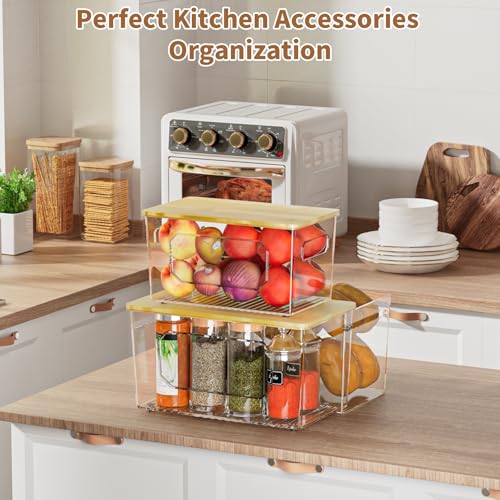 spospo Trash Bag Holder 3-in-1 Under Sink Organizer with Bamboo Lid | Acrylic Trash Bag Dispenser with Pull-Out Basket for Cleaning Supplies, Garbage Bag Holder for Kitchen Laundry Room Storage