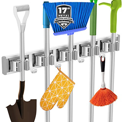 Broom Holder Wall Mount Mop Hanger Tools organizer 5Racks 4Hooks | Adjustable Mop Broom Wall Hanging Heavy duty Tools Storage Rack Space-saving for Garage,Kitchen,Laundry Room,Garden, Silver