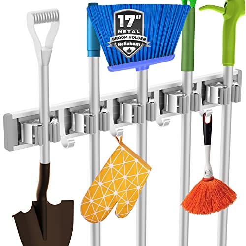 reliahom Broom Holder Wall Mount Mop Hanger Tools organizer 5Racks 4Hooks | Adjustable Mop Broom Wall Hanging Heavy duty Tools Storage Rack Space-saving for Garage,Kitchen,Laundry Room,Garden, Silver
