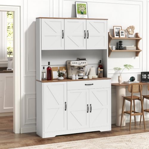 GRUSIGN 71" Pantry Cabinet with Charging Station, Large Capacity Kitchen Hutch Storage Cabinet, Kitchen Cabinet with Microwave Stand, Storage Drawers & Adjustable Shelves for Dining Room, White