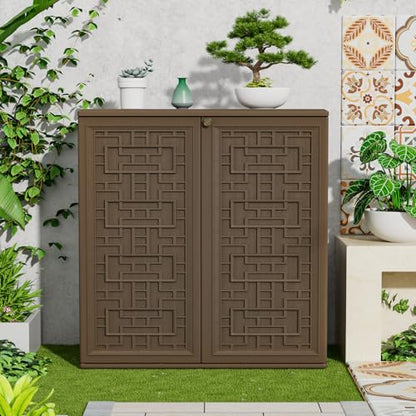 HOMSPARK Indoor/Outdoor Storage Cabinet with Doors and Shelf, 34”x16”x36” HDPE Plastic Storage Box for Patio, Balcony, Multi-Purpose for Tools, Brown