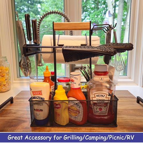 Grill Caddy for Outdoor Grill, BBQ Picnic Camping Caddy with Paper Towel Holder & Magnetic Tool Holder, Condiment Storage Utensil Kitchen Organizer for RV Camper, Tailgate Accessories