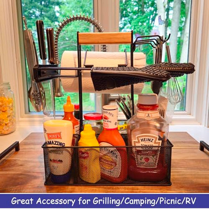 Grill Caddy for Outdoor Grill, BBQ Picnic Camping Caddy with Paper Towel Holder & Magnetic Tool Holder, Condiment Storage Utensil Kitchen Organizer for RV Camper, Tailgate Accessories
