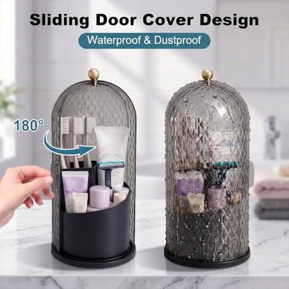 Toothbrush Holders with Sliding Lid, Rotating 3 Slots Bathroom Organizer Countertop, Tooth Brush Toothpaste Holder Bathroom Counter Stand Caddy for Vanity Makeup Brushes Holder (Black)