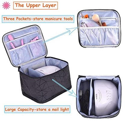 CTWWFS PU Leather Nail Polish Organizer and Nail Lamp Case, Nail Kit Organizer Holds 30+ Bottles (15ml - 0.5 fl.oz) and a Nail Lamp, Nail Polish Carrying Case with Manicure Tools Storage Sections