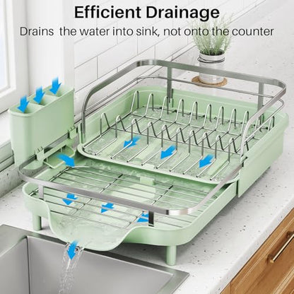 SNTD Expandable Dish Drying Rack for Kitchen Counter, 15.2-22.1 in, Green | Rust-Resistant Stainless Steel, Protective Side Rails, Self-Draining Drainboard, Removable Utensil Holder