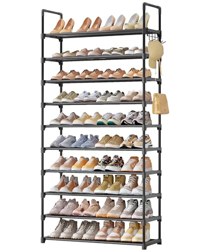 Kitsure 10 Tier Shoe Rack, Tall Shoe Organizer, 32.2" Wide, Black | Large-Capacity Shoe Storage with Hooks, Shoe Shelf for Closet, Entryway, Bedroom, Living Room, Zapateras Organizer