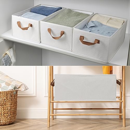 Fordonral Pack of 3 Large Capacity Storage Bins Closet Organizer System, Sturdy Foldable Boxes for Organizing Clothing, Sheets, Toys, Books - Shelf Shelves Basket Bin Linen White