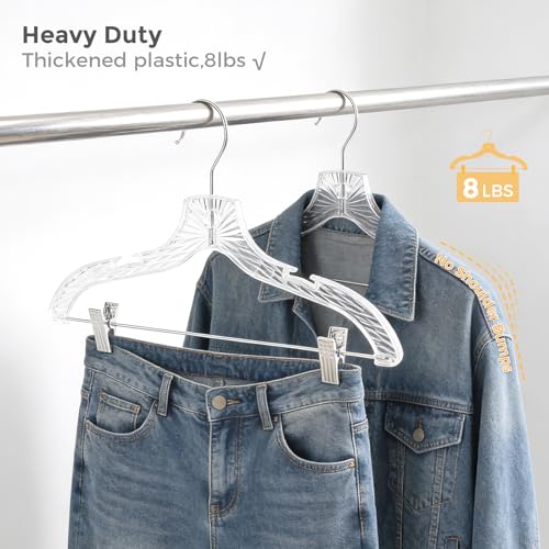 HOUSE DAY Clear Plastic Pants Hangers 12 Pack, Set Hanger for Tops and Bottoms, Non Slip Skirt Hangers with Adjustable Clips, Shoulder Notches, 360° Swivel Hook