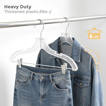 HOUSE DAY Clear Plastic Pants Hangers 12 Pack, Set Hanger for Tops and Bottoms, Non Slip Skirt Hangers with Adjustable Clips, Shoulder Notches, 360° Swivel Hook