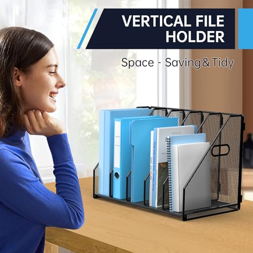 MINDEPOT Desk File Organizer Folder Holder with 5 Vertical for Office Black | Sturdy Metal Mesh, Magazine Folder Holder, Rack File Organizer for Home School, 5 Vertical Compartments