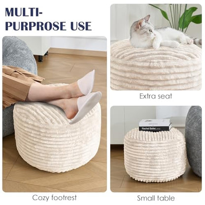 Round Ottoman,Corduroy Pouf Ottoman Foot Rest,Beige,18x14 IN | Storage Ottoman Footstool for Living Room,18x14 Soft Floor Poufs,Memory Foam Filling,Footrest only