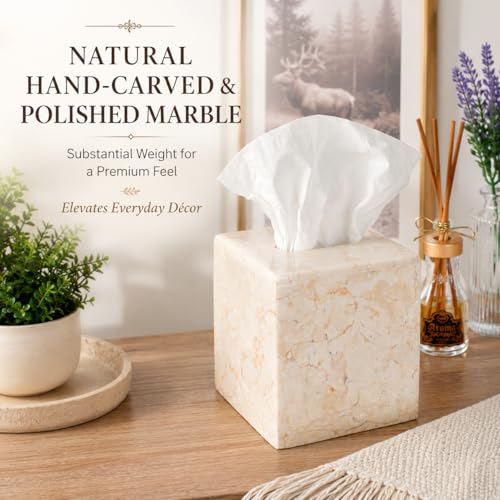 Creative Home Natural Marble Tissue Box Cover, Square Beige Tissue Holder