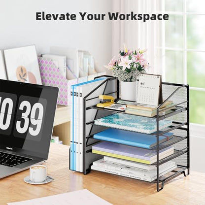 Simple Trending 5-Tier Desk File Organizer, Paper Organizer, Black | Adjustable Letter Trays, Side File Shelf，Durable Steel Mesh, Space Saving, for Home Office, 15.4"L x 9"W x 13"H