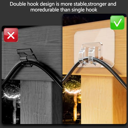 Hooks for Outdoor String Lights - 100 Pack with Adhesive Strips - No Damage, No Tools, No Holes, Waterproof and UV-Resistant, Perfect for Christmas and Patio Decor