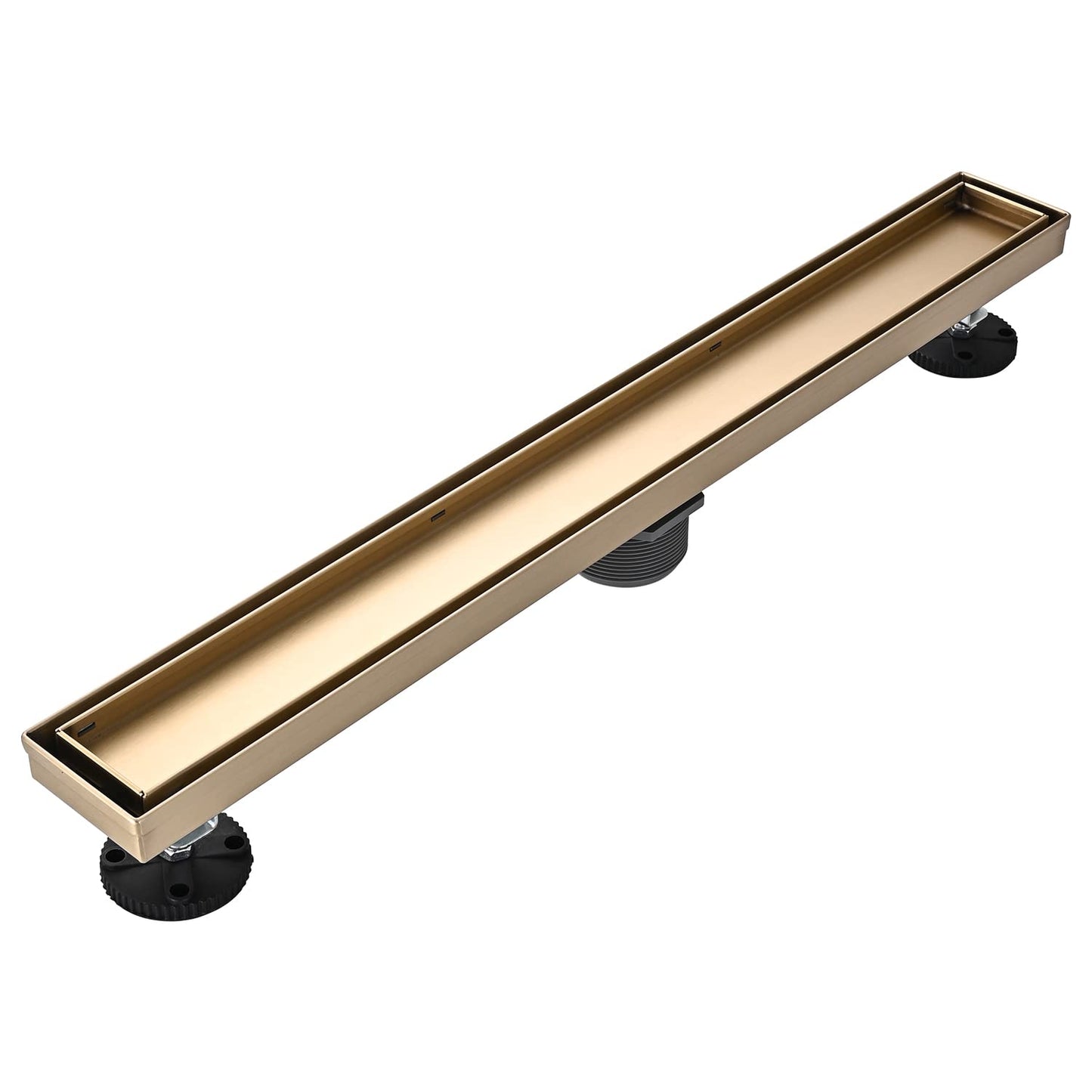 Linear Shower Floor Drain, Brushed Gold 24 Inch 304 Stainless Steel Bathroom Drains Kit, Rectangular Shower Trench Drain with Reversable Tile-in Pattern Drain Cover & Hair Catcher