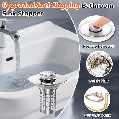 Bathroom Sink Drain Strainer(2PCS), Stainless Steel Pop-up Strainer Basket Hair Catcher with Removable Basket, Brass Bullet Core, Universal Fit 1.1-2.36 Inch