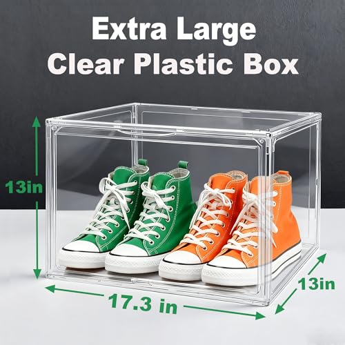 3 Pack XXX-Large Tall Boot Storage Organizer, 17.3x13x13'' Display Case | Shoe Boxes Extra Large Helmet Showcase Clear Stackable Hangbag Tote Bag with Magnetic Lid, 3 Pack Boxes with 2 Shoe Bags