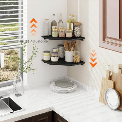 Corner Shelf Wall Mount, Set of 2 Corner Floating Shelves with Wire Hole for TV, Cable Box, Wood Hanging Storage Shelf Organizer for Bathroom Kitchen Living Room Bedroom, Black