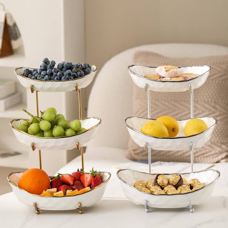 White Fruit Bowl with Gold Metal Stand, 3 Tier Modern Ceramic Fruit Bowl Fruit Rack for Kitchen Counter, Tiered Fruit Basket for Snacks Bread Candy Storage (White,3 Tier)