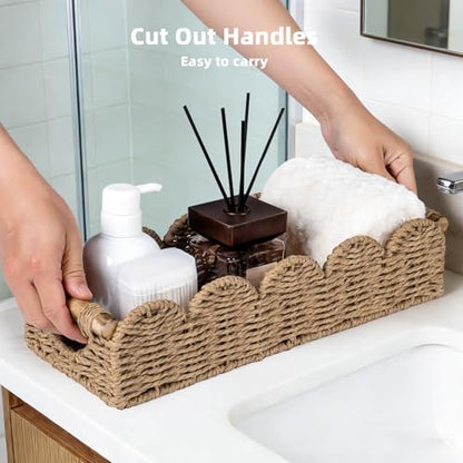 CubesLand Bathroom Basket Organizer, Toilet Decor Basket W/Cut Out Handle | Wicker Toilet Paper Storage Basket Tray, Scalloped Basket for Bathroom Countertop Decorative Also for Home Decor, Neutral