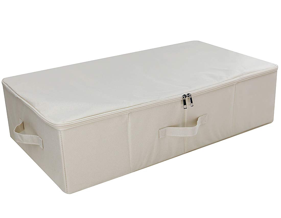 Folding Underbed Shoes Clothes Storage Organizer Basket with Zip Lid,Beige | Underbed Clothes Organizer Basket, Garment Storage Boxes, folding washable rigid sturdy storage bins for clothing shoes duvet