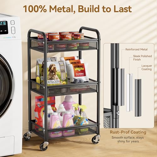 3 Tier Metal Rolling Cart, Black Utility Storage Cart with Wheels | Metal Mesh Craft Cart With Hooks & Hanging Cups, Ideal For Kitchen, Bathroom, Office, Dorm, Art Workspace, Bedside Storage