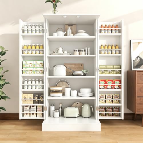 47" Kitchen Pantry Cabinet with Doors and Adjustable Shelves, Freestanding Pantry Storage Cabinet, Farmhouse Buffet Cupboard for Kitchen, Dining Room, Living Room, White