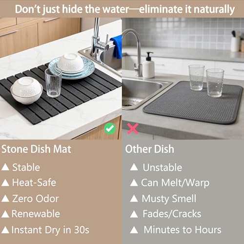 Large Stone Drying Mat for Kitchen Counter, Quick Dry Stone Drying Mat, Foldable Water Absorbing Diatomaceous Earth Dish Drying Mat for Plate Rack Bottles Utensils(Dark Gray 24"×16" & 4" Coaster)