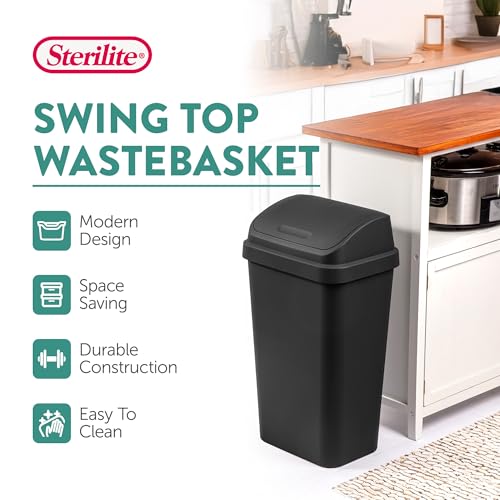 Sterilite Swing Top Wastebasket, Trash Can, 13 Gallon, Black, 4-Pack | Sleek Square Profile Modern Garbage Bin for Kitchen, Bathroom, Garage and Workspace, Fits 13 Gal Liners