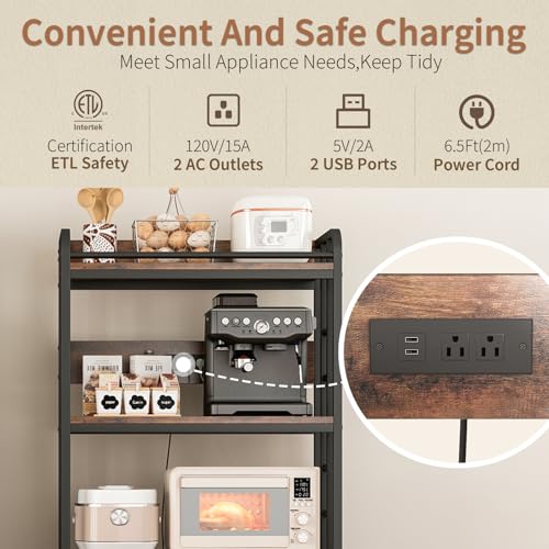 Adjustable 4-Tier Heavy Duty Kitchen Baker's Rack with Power Outlet, with Industrial Wheels, Free Standing Microwave Oven Cart Stand for Storage in Living Room, Garage, Rustic Brown